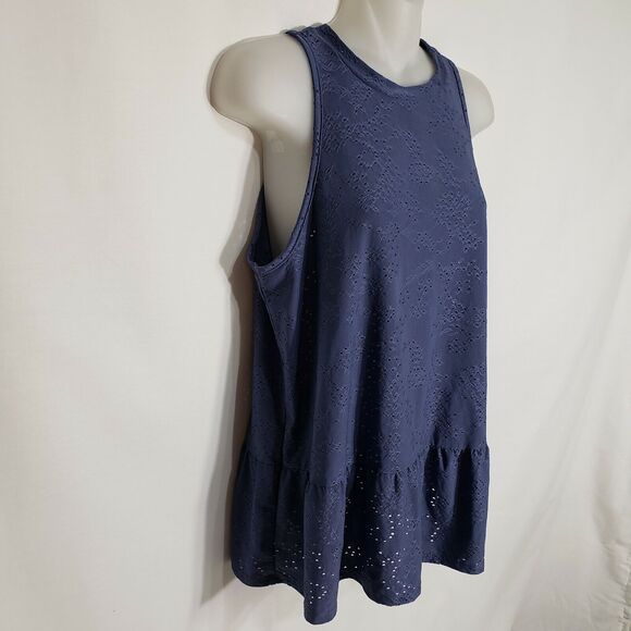 W5 Womens Top Small Blue Knit Eyelet Peplum Hem Crew Neck Sleeveless Loose Fit - Picture 3 of 8